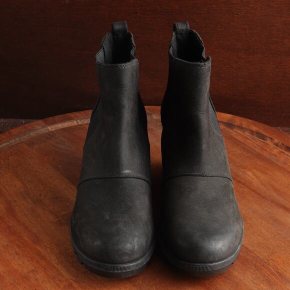 Sorel Boots WMS SZ 7.5 BLK Joan Rhapsody Wedge Leather Waterproof Ankle Pull On - Picture 2 of 15